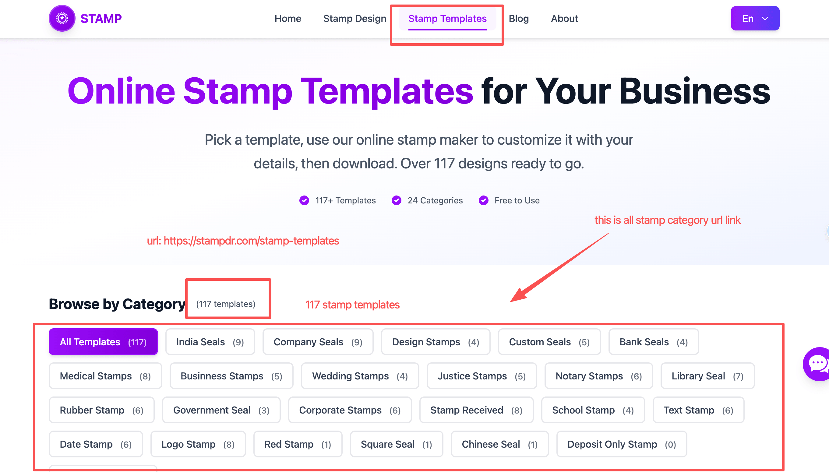 stampdr 117 stamp Templates and 24 Categories page