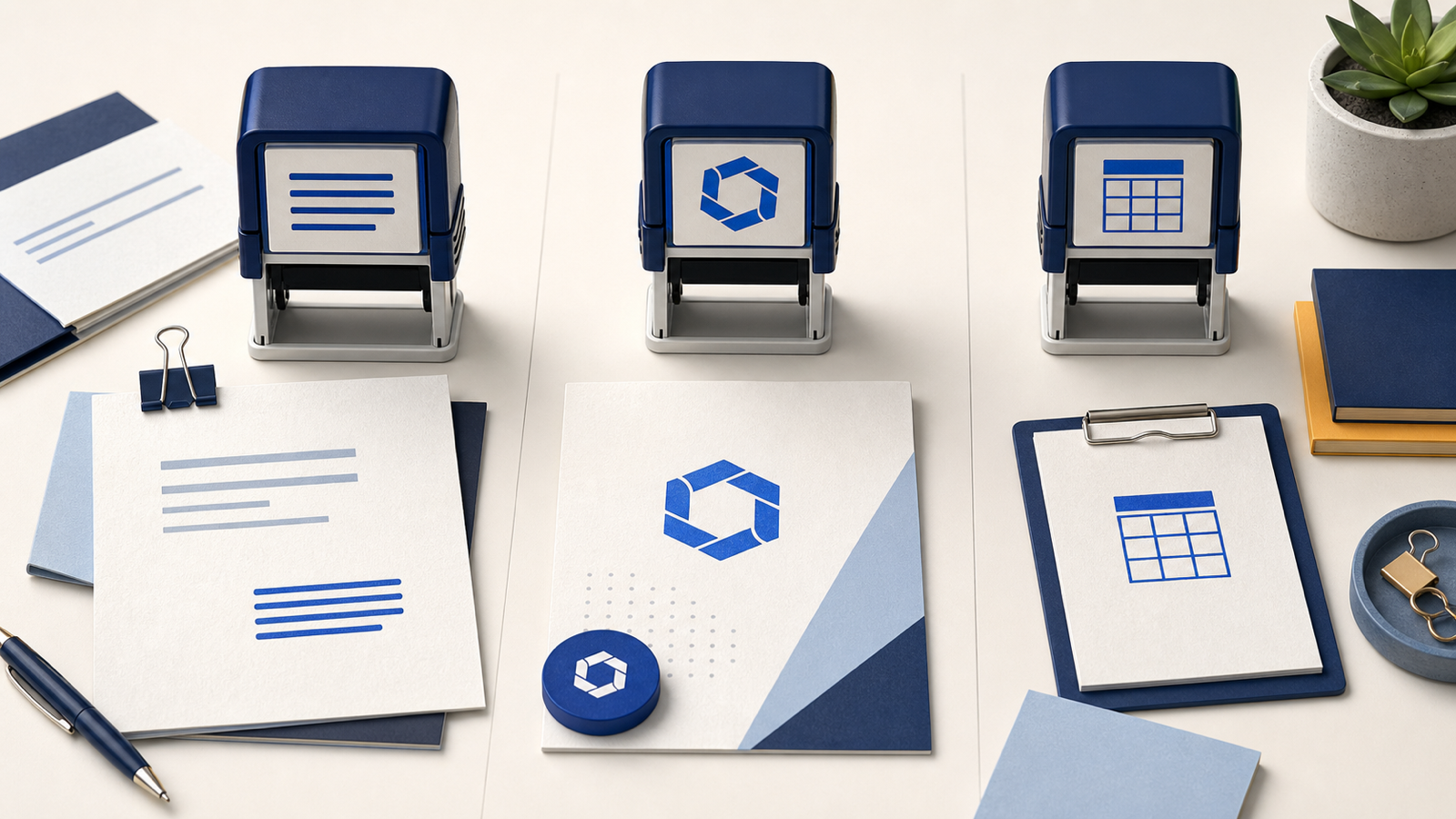 Text, logo, and date stamp options arranged as three distinct tools on a design desk