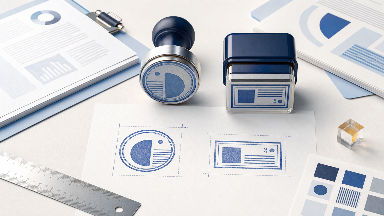 Stamp size guide with round and rectangular proofs, a ruler, and business documents