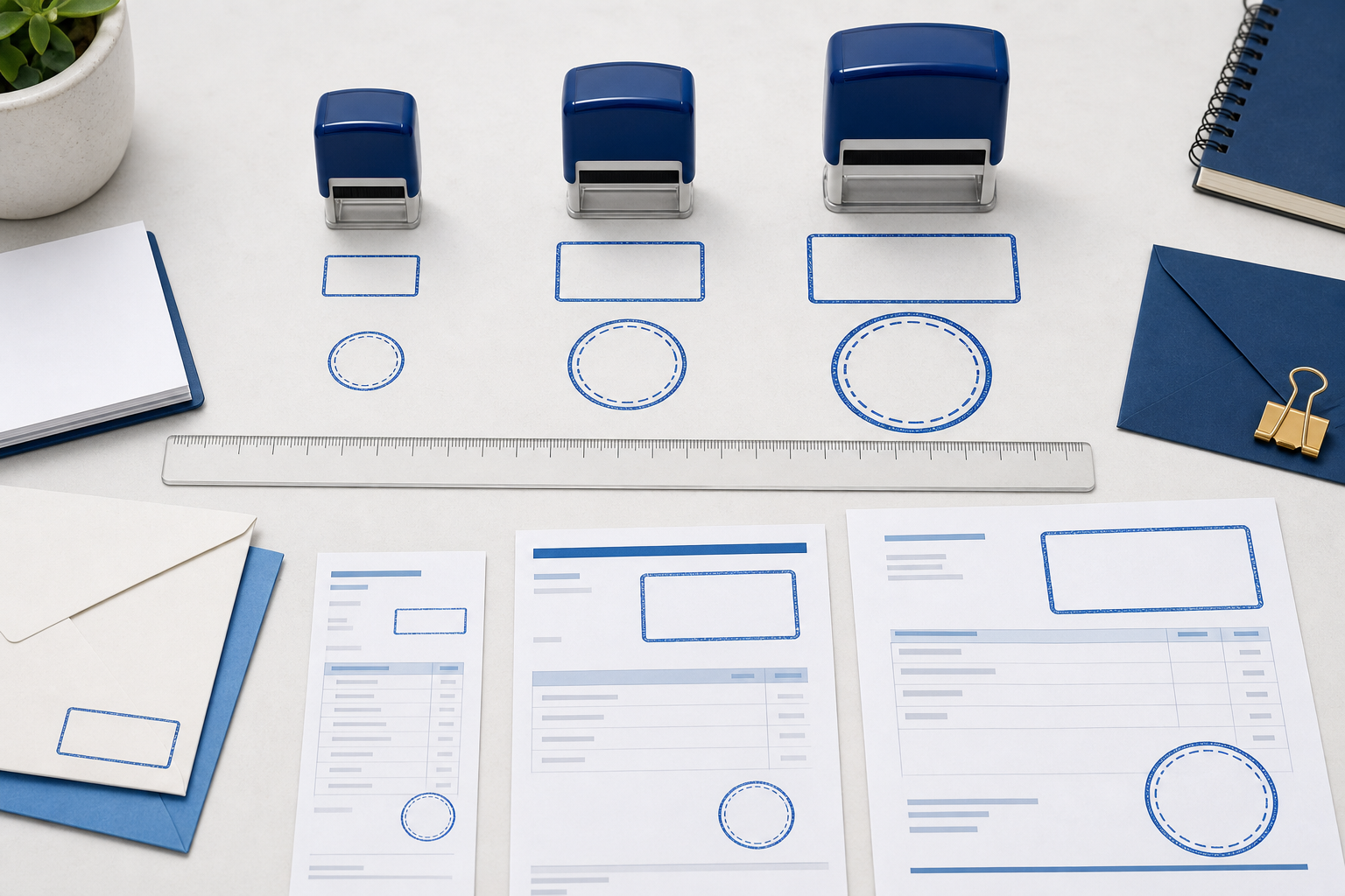 Business stamp size comparison beside documents, envelopes, and packaging