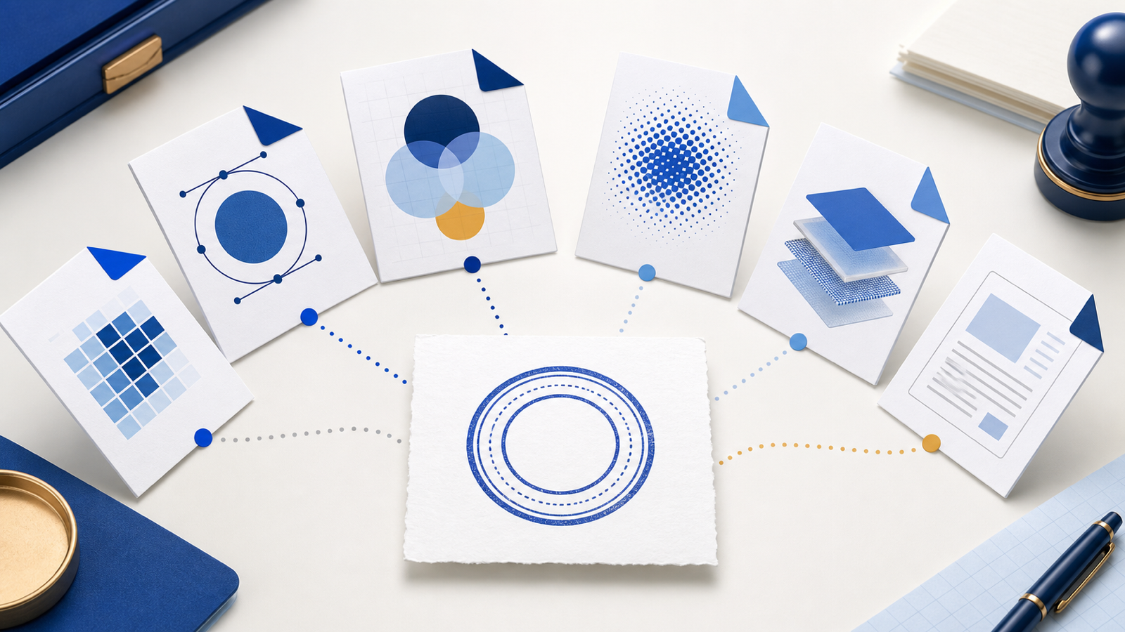 A finished stamp connected to abstract raster, vector, print, and document file cards