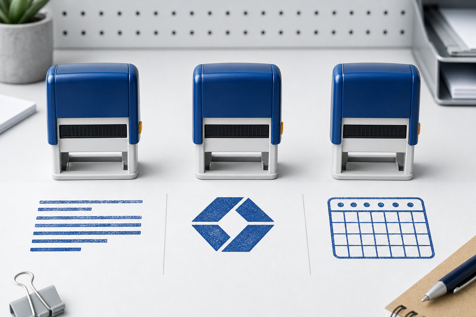 Comparison of text, logo, and date stamp layouts for different business tasks
