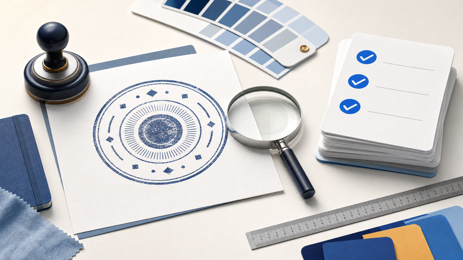 Stamp proofing desk with a finished impression, magnifying glass, ruler, and checklist cards