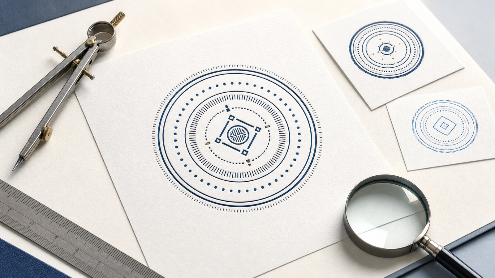 A circular company seal proof with precision tools, smaller tests, and a magnifying glass