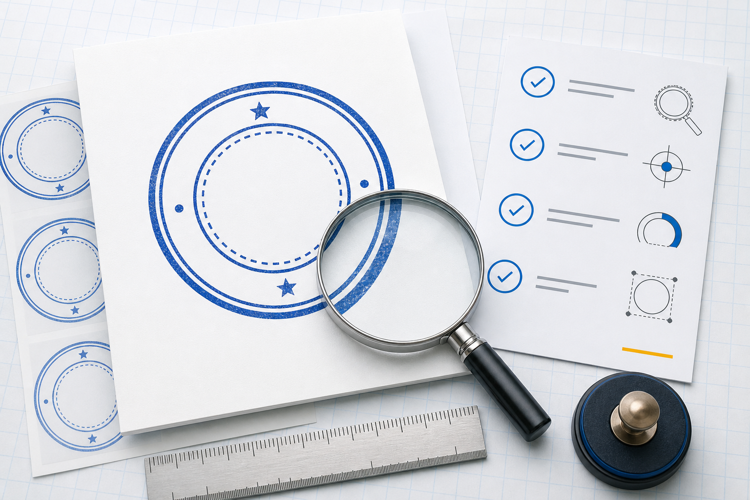 Stamp proofing checklist with a magnifying glass, ruler, and sample impression