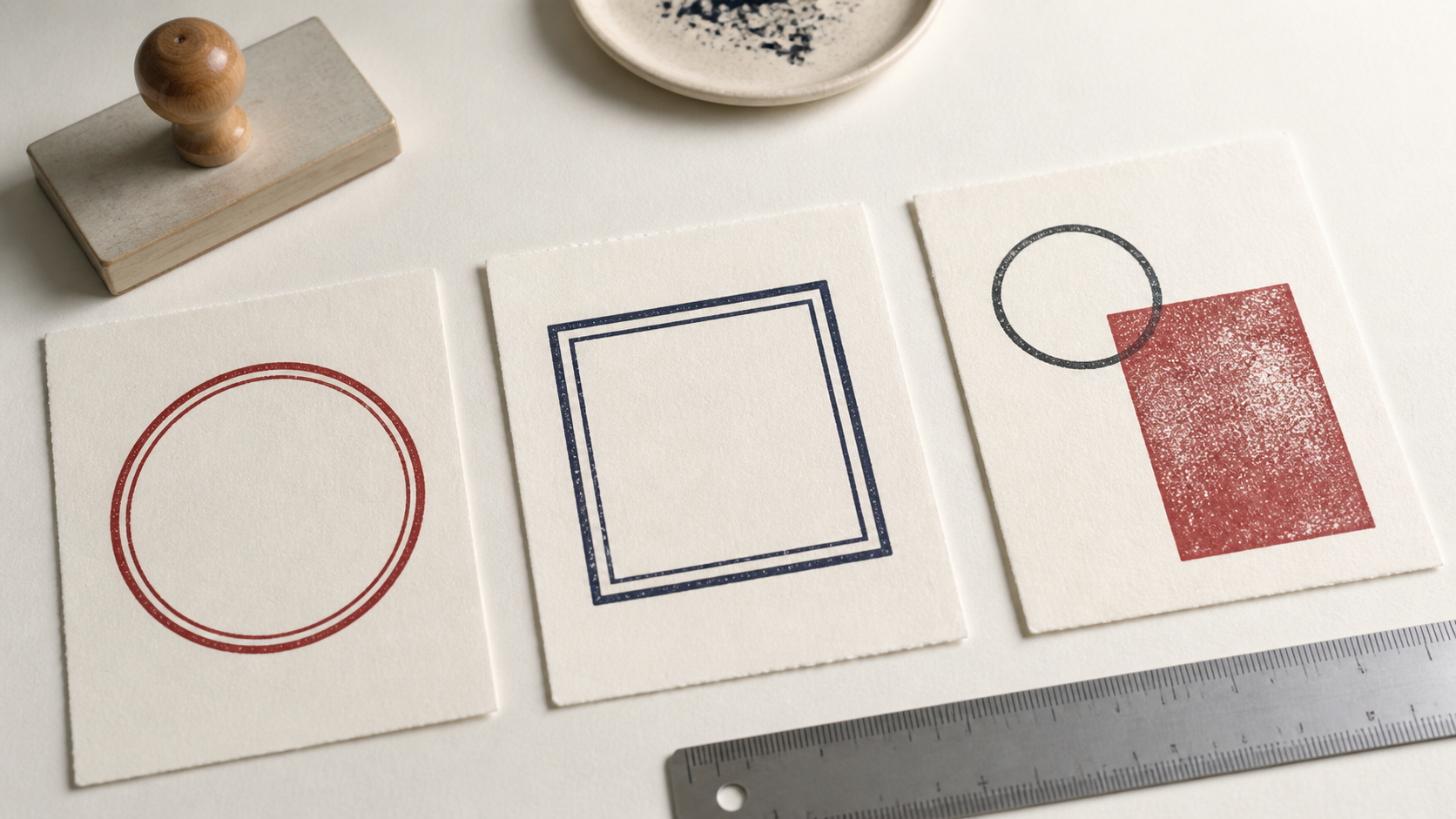 Single, double, and borderless geometric stamp impressions arranged on an editorial design table