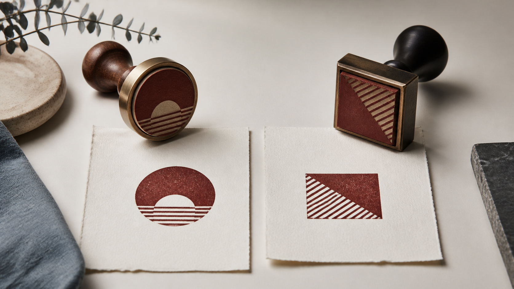 Round and square rubber stamps beside matching geometric impressions on textured paper