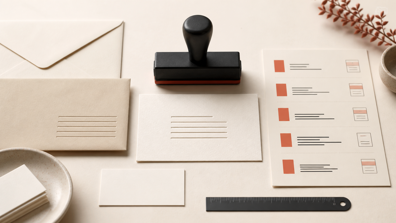 Address stamp layout proofs arranged with envelopes, paper cards, and a type ruler