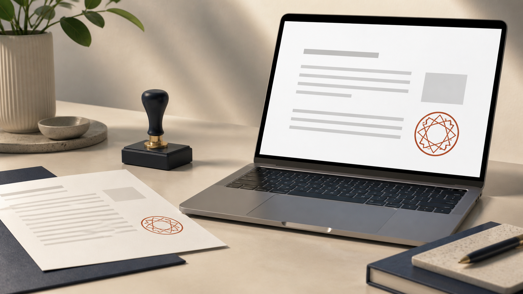 Laptop and printed document showing the same crisp geometric PDF stamp impression