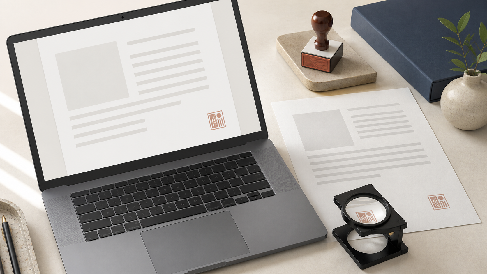 Laptop, printed PDF proof, and magnifier used to compare a small digital stamp at final size