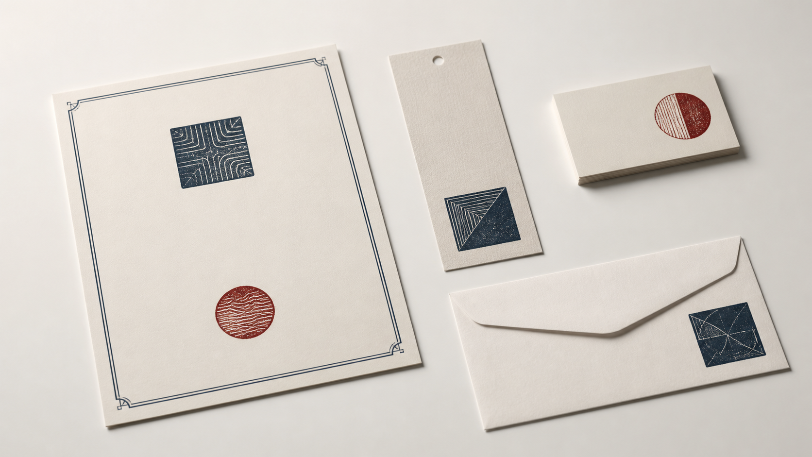 Abstract round and square stamp marks placed on a certificate, tag, card, and envelope