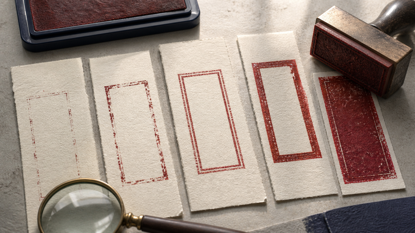 Physical stamp border proof strips progressing from faint and broken to balanced and overly heavy